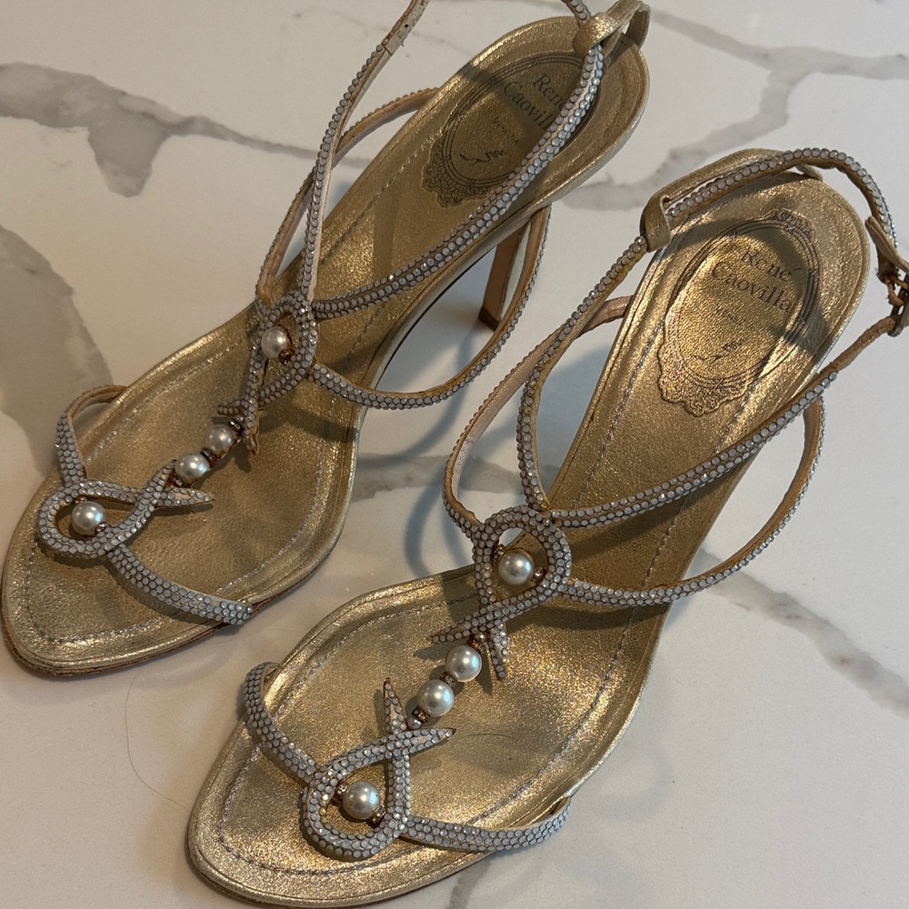 Rene Caovilla Gold and Silver Strappy Heels